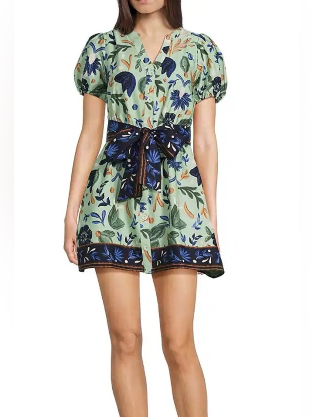 Floral Puff-Sleeve V-Neck Mini Dress in Mint Green